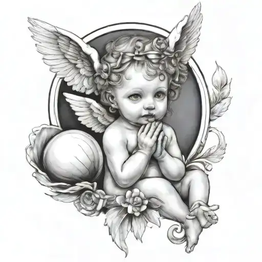 A baby angel with two horns above her head ,holding a diamond a shell which has a pearl in it  tattoo design idea