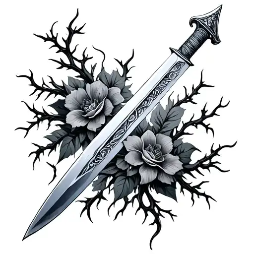 full long sword with vines and thorns and flowers tattoo design idea