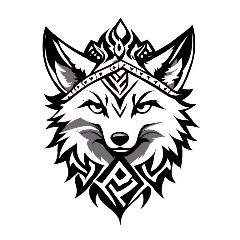 a Viking male fox with a jera rune, a triskele, and triquerta  tattoo design idea