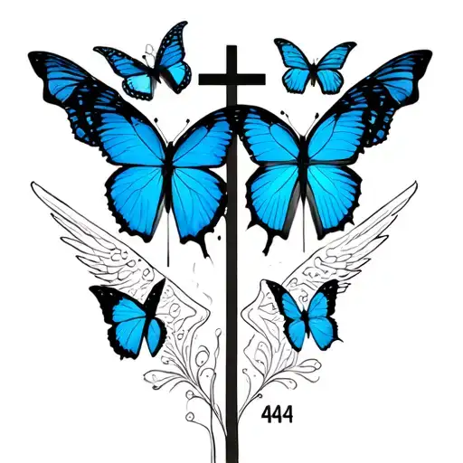 can you draw blue butterflies going down with a cross and the angle number 444 tattoo design idea
