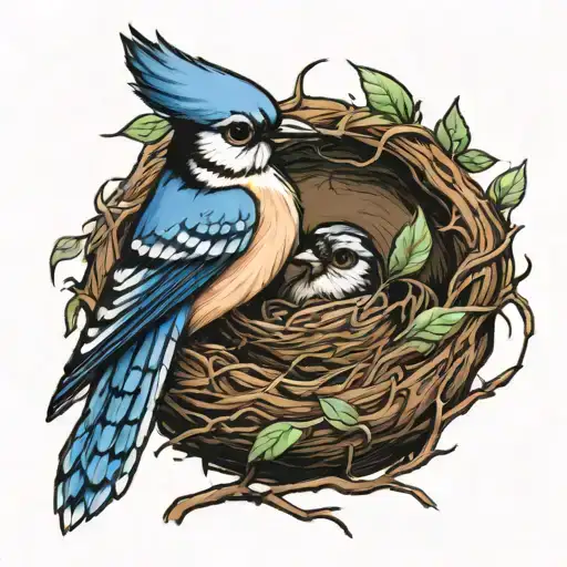 bluejay in a nest with a baby bluejay  tattoo design idea