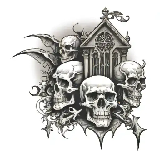 graveyard, skull and bones, small cathedral and acid skull. tattoo design idea