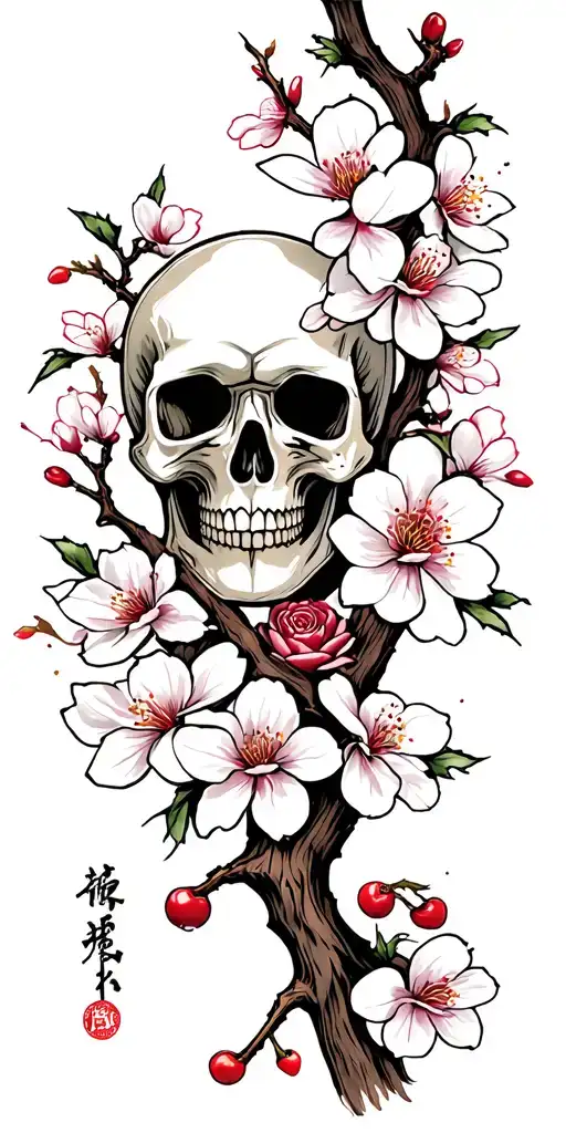 Cherry Blossom branch with Samurai Skull tattoo design idea