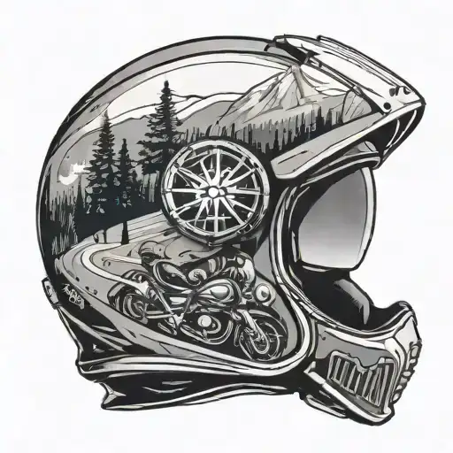 Motorcycle helmet, in the reflection of the visor a road with a forest landscape, behind the helmet in the background a wind rose sign tattoo design idea