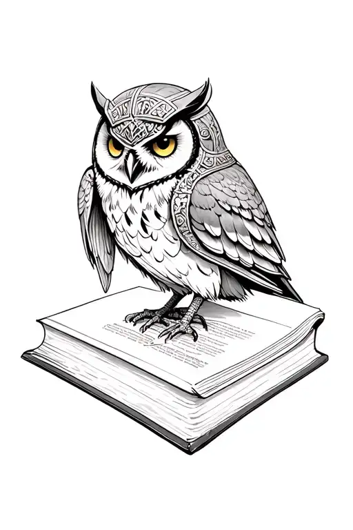 owl on book with Athena's helmet adorned with intricate tattoo design idea