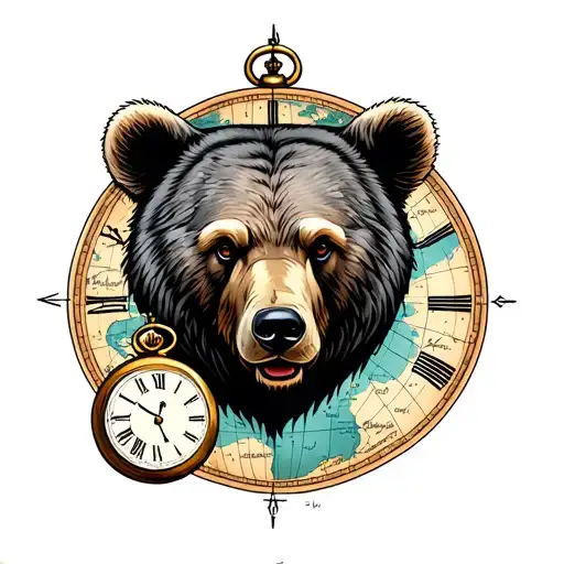 forearm tattoo with a bear head, antique-style world map, and two pocket watches tattoo design idea