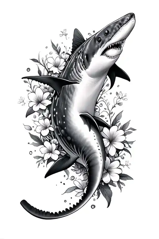 whale shark and hammer head shark with flowers surrounding them  tattoo design idea