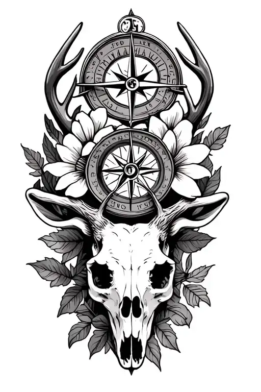 september birth flower, deer skull, compass tattoo design idea