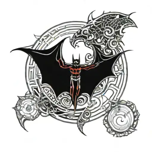 batman, bat red details, moon and realism, neo tribal tattoo design idea