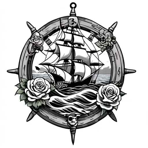 sailer Jerry style nautical forearm tattoo with ship wheel compass ocean waves and anchor roses and skull tattoo design idea