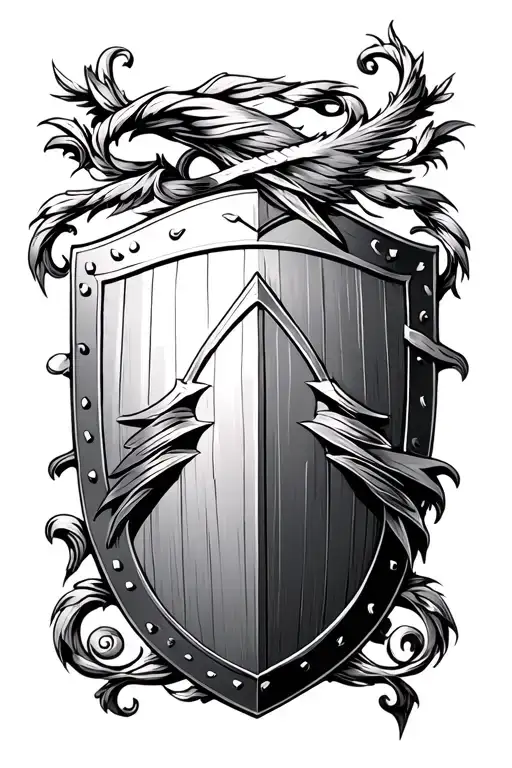 Greek spear with scrolls wrapping it and shield adorned tattoo design idea