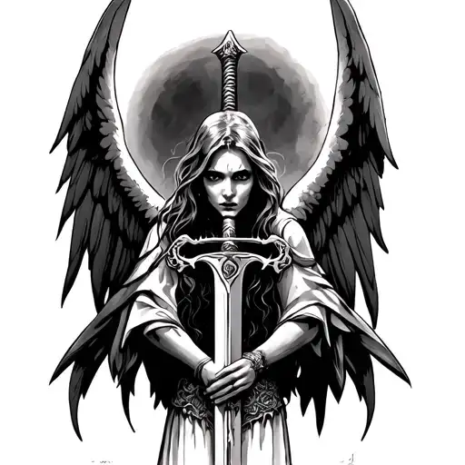 arch angel with sword scary tattoo design idea