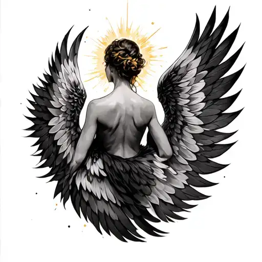 Majestic feathered wings spreading across the back and shoulders.  Divine, soaring, awe-inspiring, almost godlike.  Mostly black & grey shading, with subtle golden highlights to create a radiant aura.  Realistic feather detail, bold tattoo outlines, strong shading. tattoo design idea