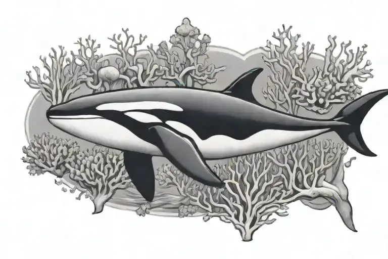 killer whale with shading swimming over a coral reef tattoo design idea