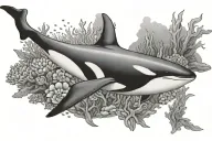 killer whale with shading swimming over a coral reef tattoo design idea