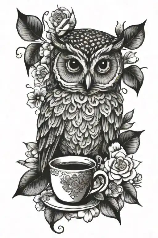 cute owl, coffee cup, tree, flowers tattoo design idea