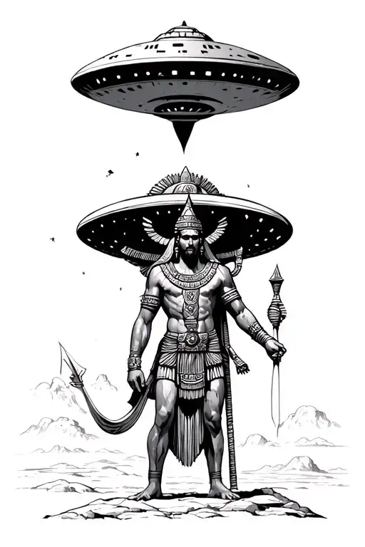 Sumerian God Enki with large UFO in the background tattoo design idea