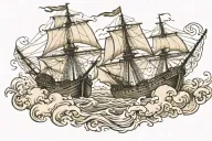 two spanish galleons ships fighting each other in rough water tattoo design idea
