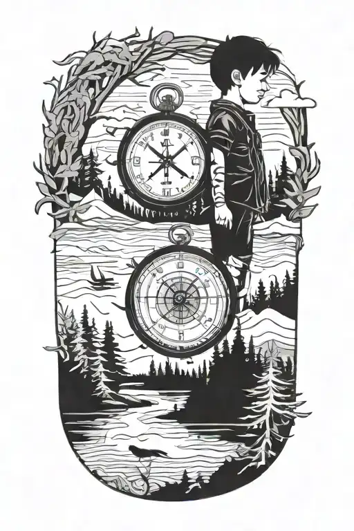 compass, pine tree forest with stream, hand dove clock, dream catcher made of a compass, boy standing on lake in mounati tattoo design idea