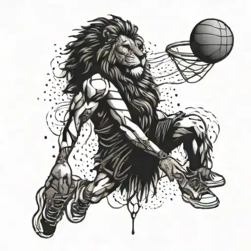 A basketball player with a lion's head dunking a ball, blending sports and animal imagery tattoo design idea