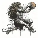 A basketball player with a lion's head dunking a ball, blending sports and animal imagery tattoo design idea