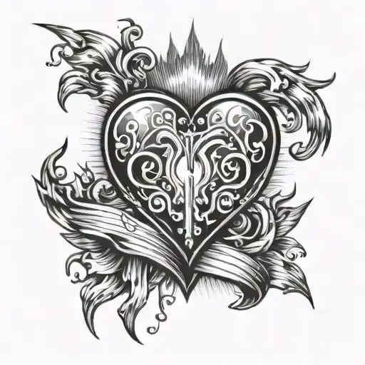 holy heart with rosary beads around it flames and light and shadow stripes tattoo design idea