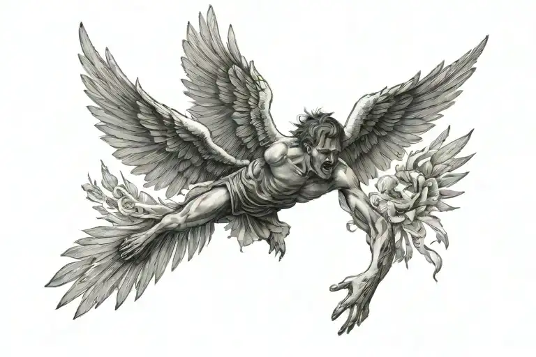 icarus falling from the sky,sun,memento mori text tattoo design idea