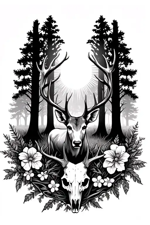 deer standing near a forest with sun shining down and a deer skull at the bottom wrapped with vines with flowers  tattoo design idea
