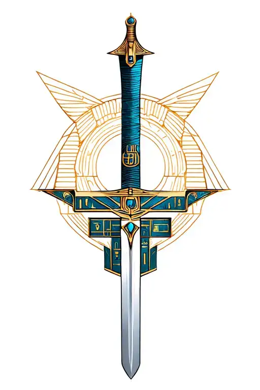 Tattoo design of an Egyptian Virgo computer science sword  sleek sword with hieroglyphs, Virgo symbol tattoo design idea