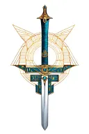 Tattoo design of an Egyptian Virgo computer science sword  sleek sword with hieroglyphs, Virgo symbol tattoo design idea