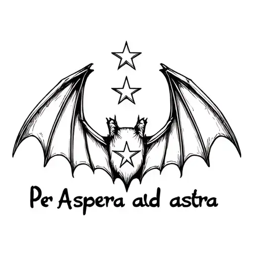 Fine line bat wings with 3 stars in the middle. Per aspera ad astra written underneath tattoo design idea