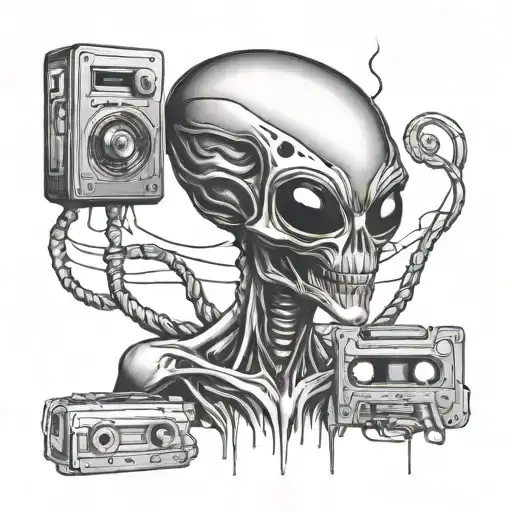 Alien With Cassette tape: 90's vintage tattoo design idea