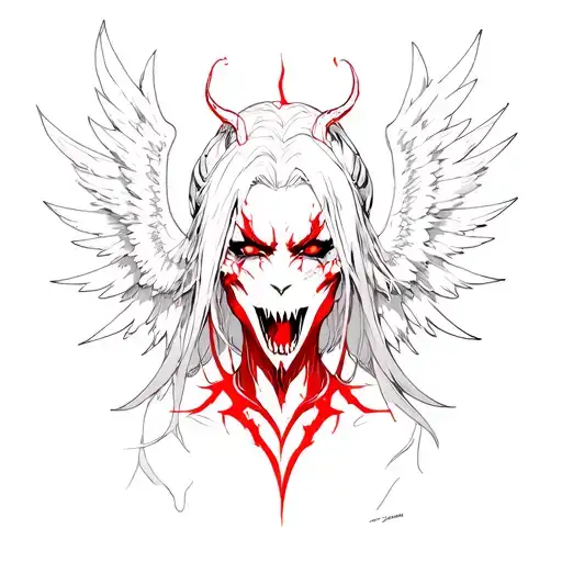 Angel fallen banished with black and red game with demonic face anime style tattoo design idea