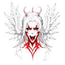 Angel fallen banished with black and red game with demonic face anime style tattoo design idea