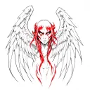 Angel fallen banished with black and red game with demonic face anime style tattoo design idea