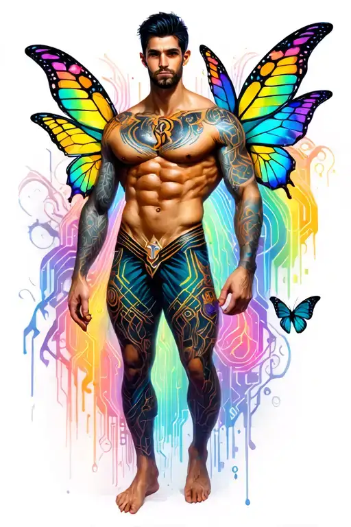 Gay male faery, massive bodybuilder musculature, gentle expression. Around him are butterflies, rainbows. tattoo design idea