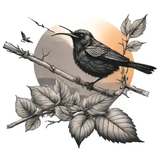 grasshopper on a stick, sunset,3 crows flying, feild tattoo design idea