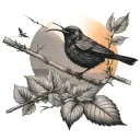 grasshopper on a stick, sunset,3 crows flying, feild tattoo design idea