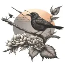 grasshopper on a stick, sunset,3 crows flying, feild tattoo design idea