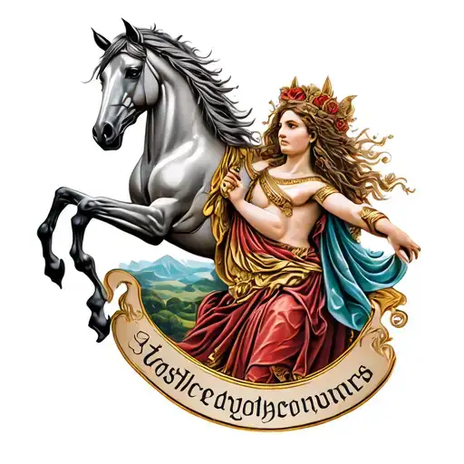 Roman goddess tattoo with a horse and a name tattoo design idea