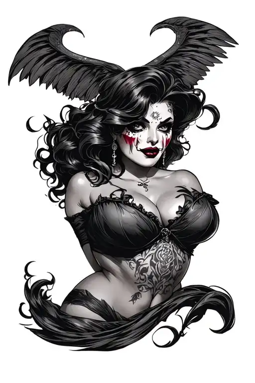 thick woman evil pinup breast exposed tattoo design idea