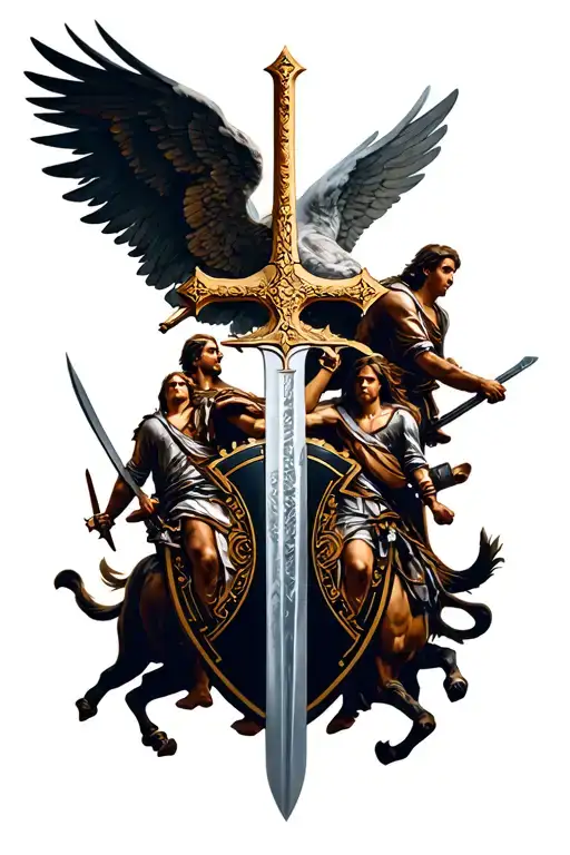7 archangels riding to war sword shield cross tattoo design idea