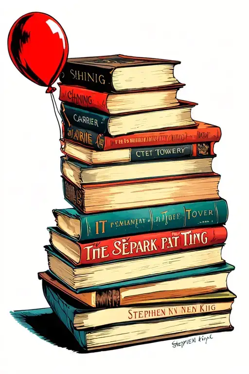 Stack of old Stephen King books (IT, The Shining, Carrie, Misery, Pet Sematary, Cujo, The Dark Tower) with a red balloon tattoo design idea