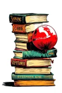 Stack of old Stephen King books (IT, The Shining, Carrie, Misery, Pet Sematary, Cujo, The Dark Tower) with a red balloon tattoo design idea