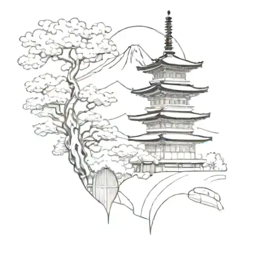 a 6 floors pagoda with mount fuji on the background tattoo design idea