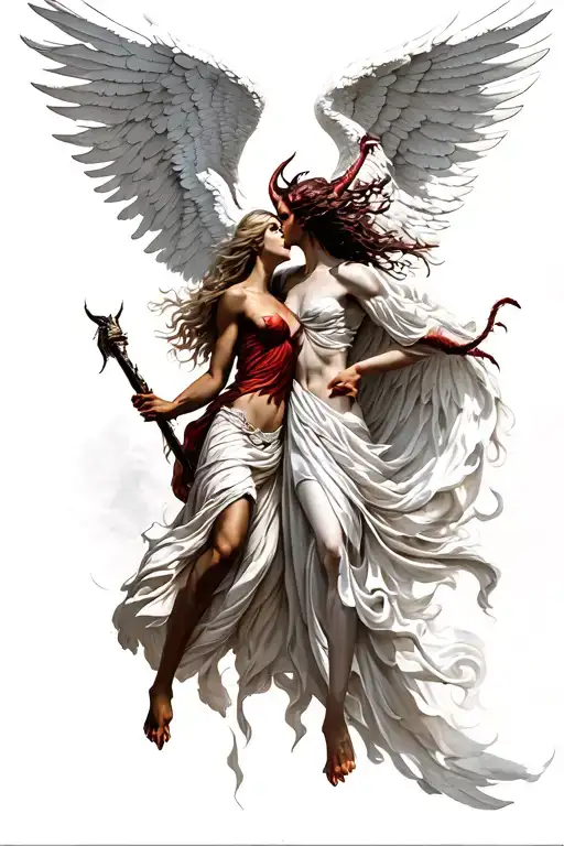 Battle between angel and demon, guardian angel wings tattoo design idea