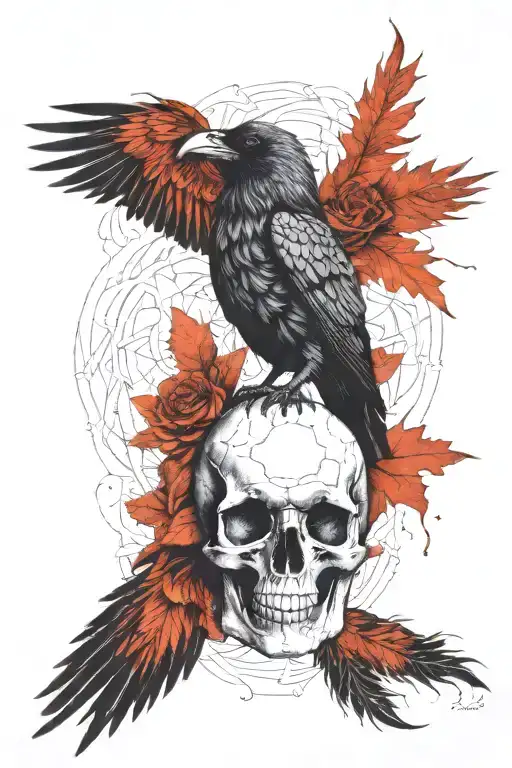 A raven perched on a skull with intricate line work, and Gothic patterns woven into the feathers and skull. tattoo design idea