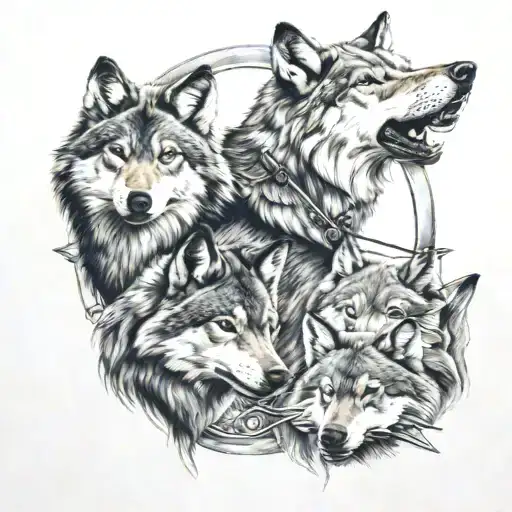 three wolves and one huntress holding bow tattoo design idea