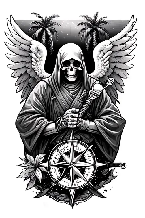 warrior, grim reaper, judo gi, compass, palm trees, family, love, universe, angel tattoo design idea