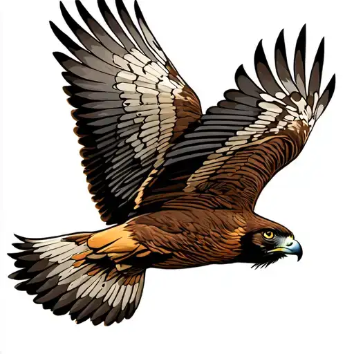red tailed hawk in flight over farmland tattoo design idea